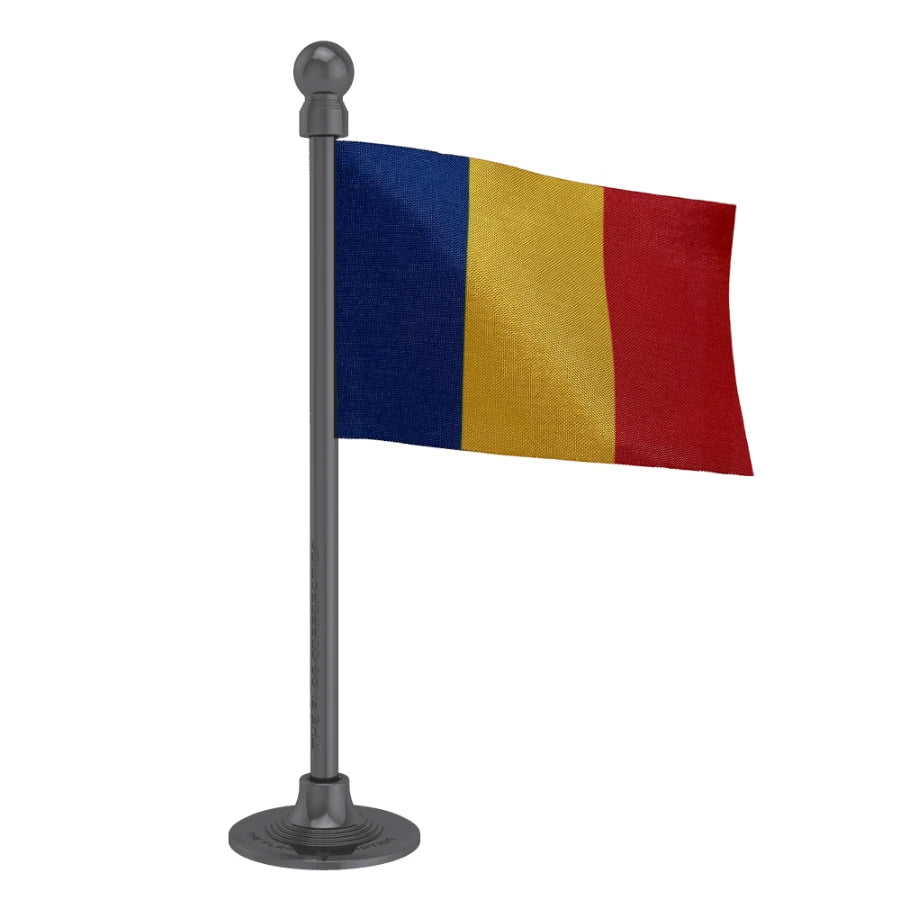 Romania Car Dashboard Flag of 2in x 3in With A Steel or Plastic Base