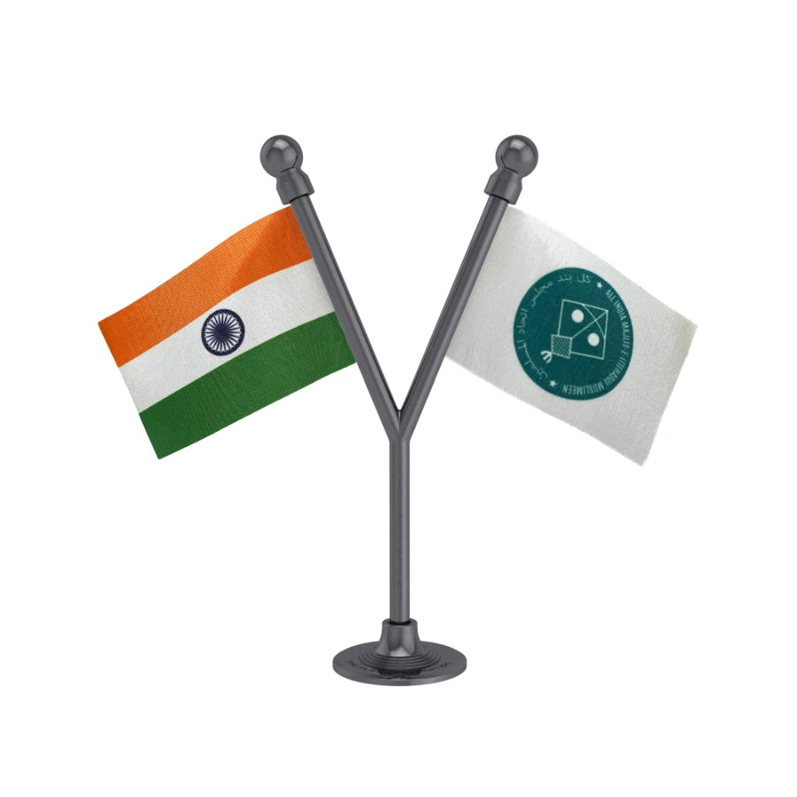 India & AIMIM All India Majlis-e-Ittehadul Muslimeen Dual Car Dashboard Flag of 2in x 3in With A Plastic Base