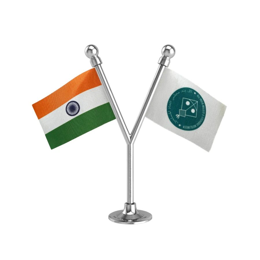 India & AIMIM All India Majlis-e-Ittehadul Muslimeen Dual Car Dashboard Flag of 2in x 3in With A Plastic Base