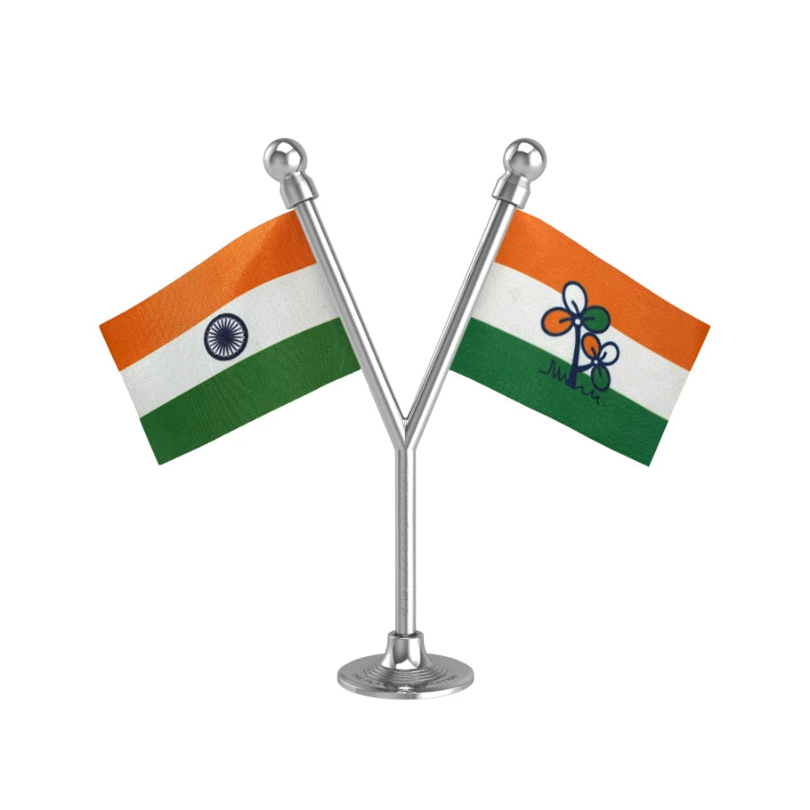 India & AITC or TMC All India Trinamool Congress Dual Car Dashboard Flag of 2in x 3in With A Plastic Base