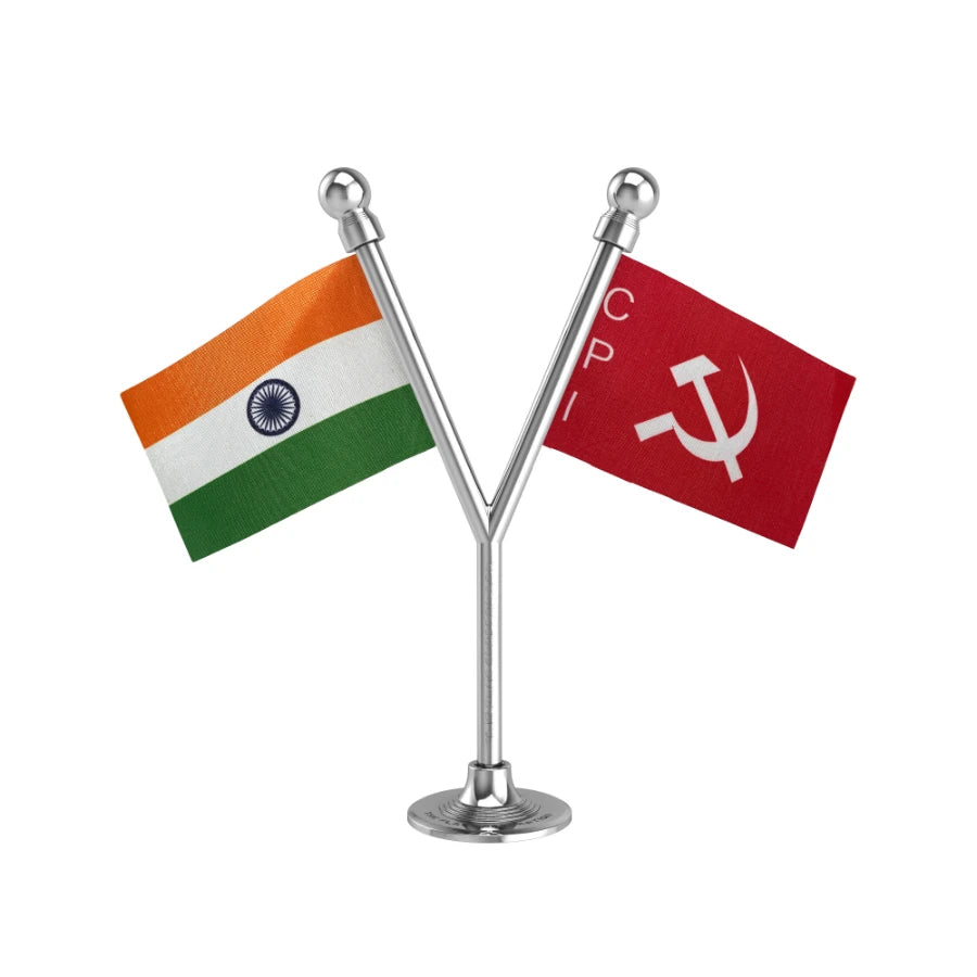 India & CPI Communist Party Dual Car Dashboard Flag of 2in x 3in With A Plastic Base