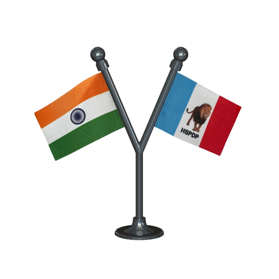 India & HSPDP Hill State People's Democratic Party Dual Car Dashboard Flag of 2in x 3in With A Plastic Base