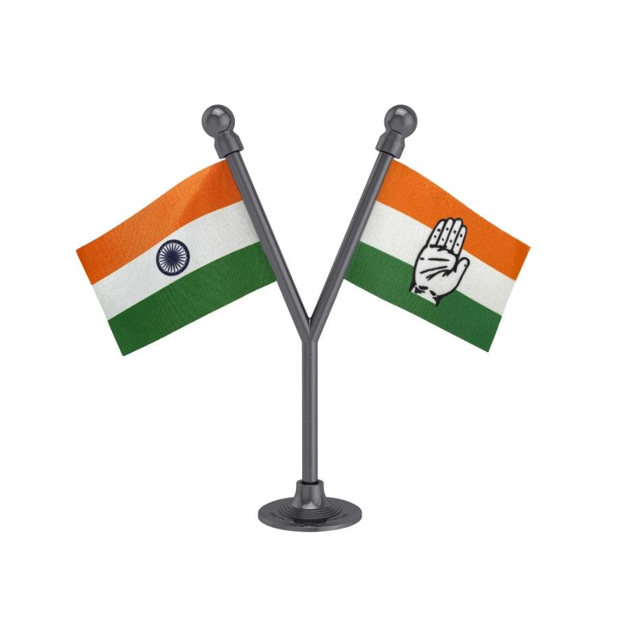 India & INC Indian National Congress Dual Car Dashboard Flag of 2in x 3in With A Plastic Base