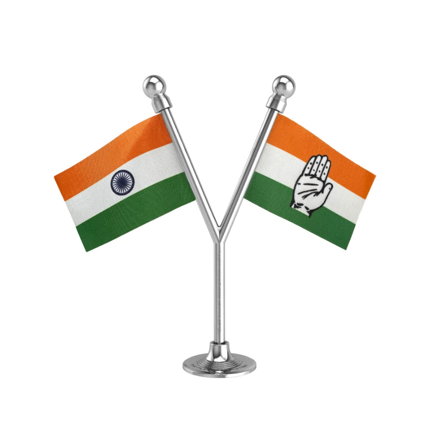 India & INC Indian National Congress Dual Car Dashboard Flag of 2in x 3in With A Plastic Base