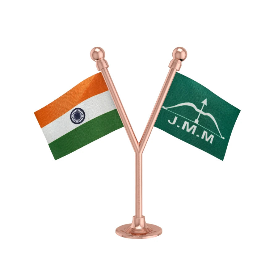 India & JMM Jharkhand Mukti Morcha Dual Car Dashboard Flag of 2in x 3in With A Plastic Base