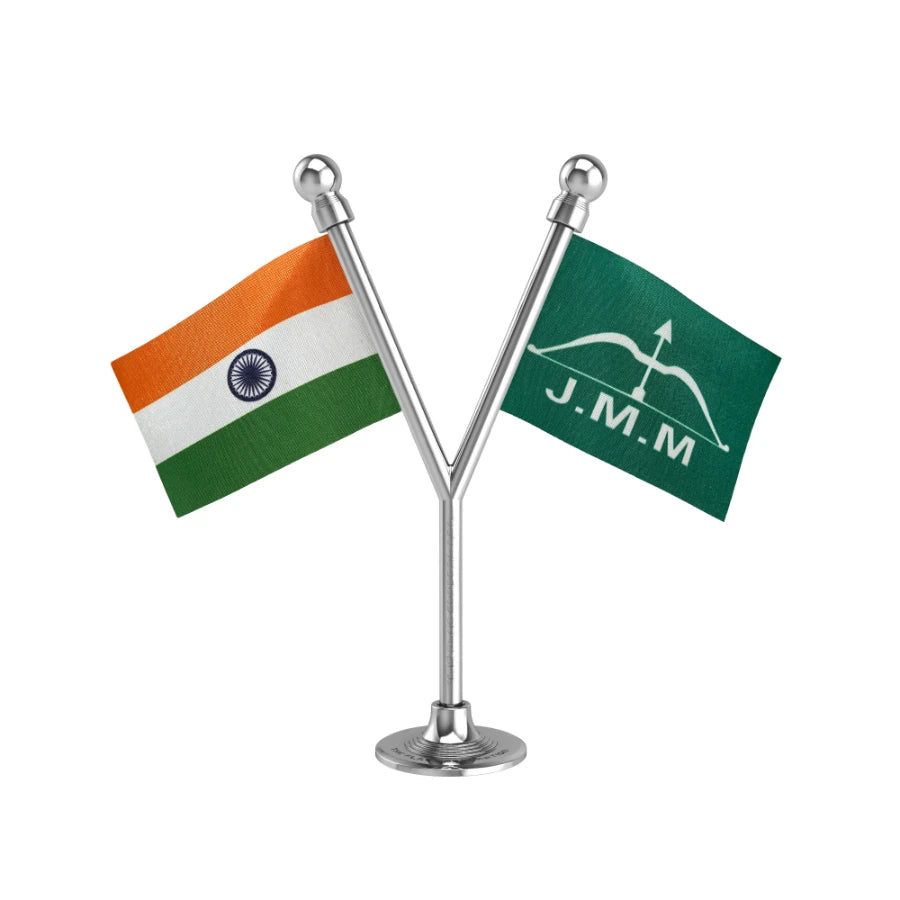 India & JMM Jharkhand Mukti Morcha Dual Car Dashboard Flag of 2in x 3in With A Plastic Base