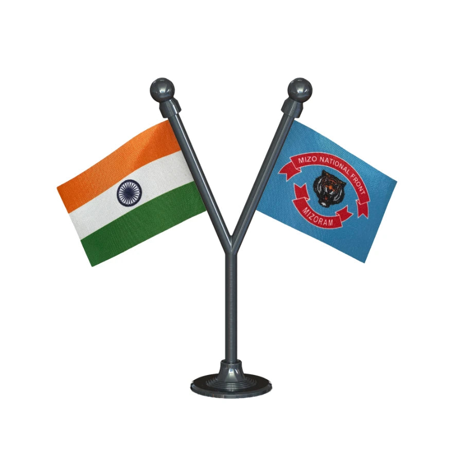India & MNF Mizo National Front Dual Car Dashboard Flag of 2in x 3in With A Plastic Base
