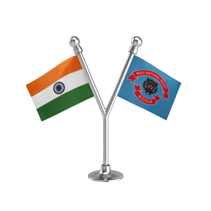 India & MNF Mizo National Front Dual Car Dashboard Flag of 2in x 3in With A Plastic Base
