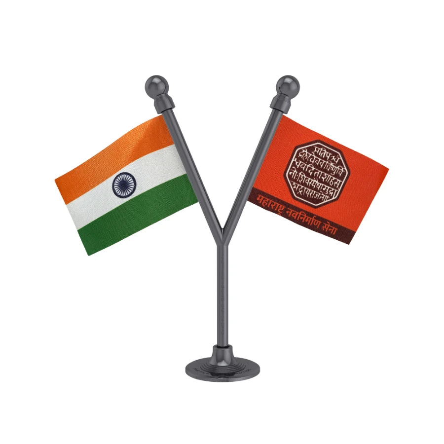 India & MNS Maharashtra Navnirman Sena Dual Car Dashboard Flag of 2in x 3in With A Plastic Base