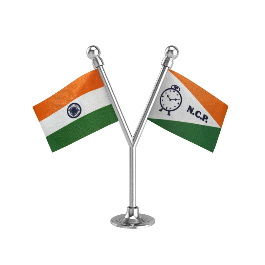 India & NCP National Congress Party Dual Car Dashboard Flag of 2in x 3in With A Plastic Base