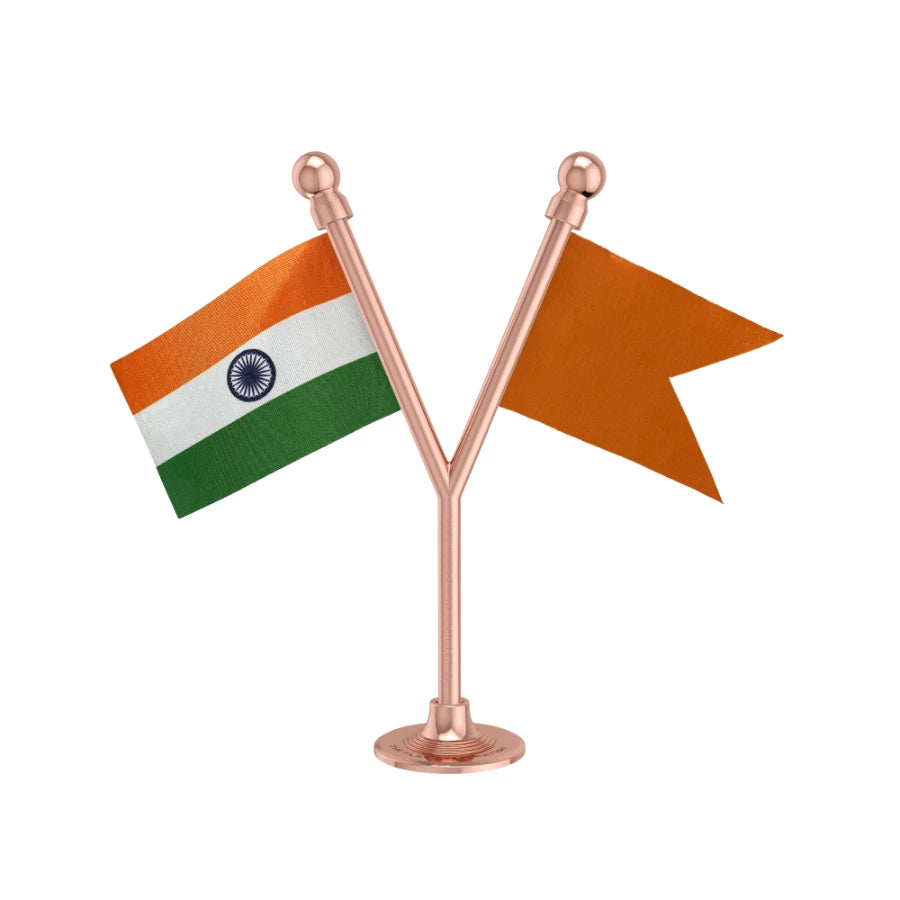 India & Shiv Sena Party Dual Car Dashboard Flag of 2in x 3in With A Plastic Base