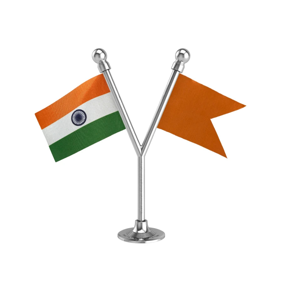 India & Shiv Sena Party Dual Car Dashboard Flag of 2in x 3in With A Plastic Base