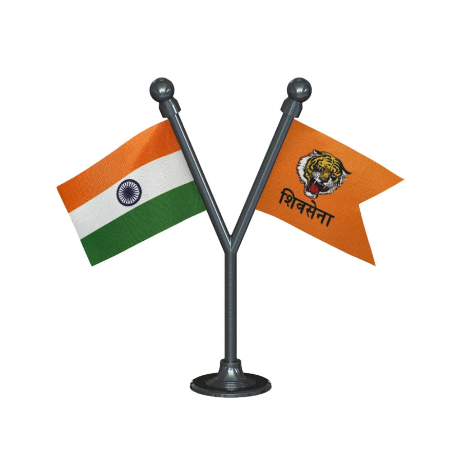 India & Shiv Sena Party Dual Car Dashboard Flag of 2in x 3in With A Plastic Base