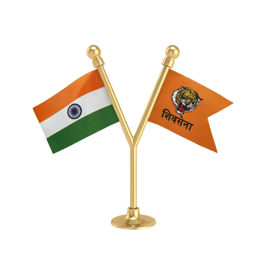 India & Shiv Sena Party Dual Car Dashboard Flag of 2in x 3in With A Plastic Base