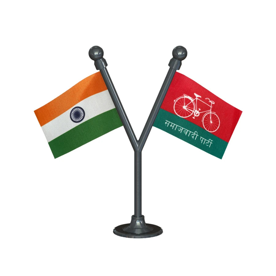 India & Samajwadi Party Dual Car Dashboard Flag of 2in x 3in With A Plastic Base
