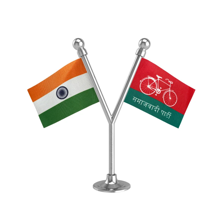 India & Samajwadi Party Dual Car Dashboard Flag of 2in x 3in With A Plastic Base