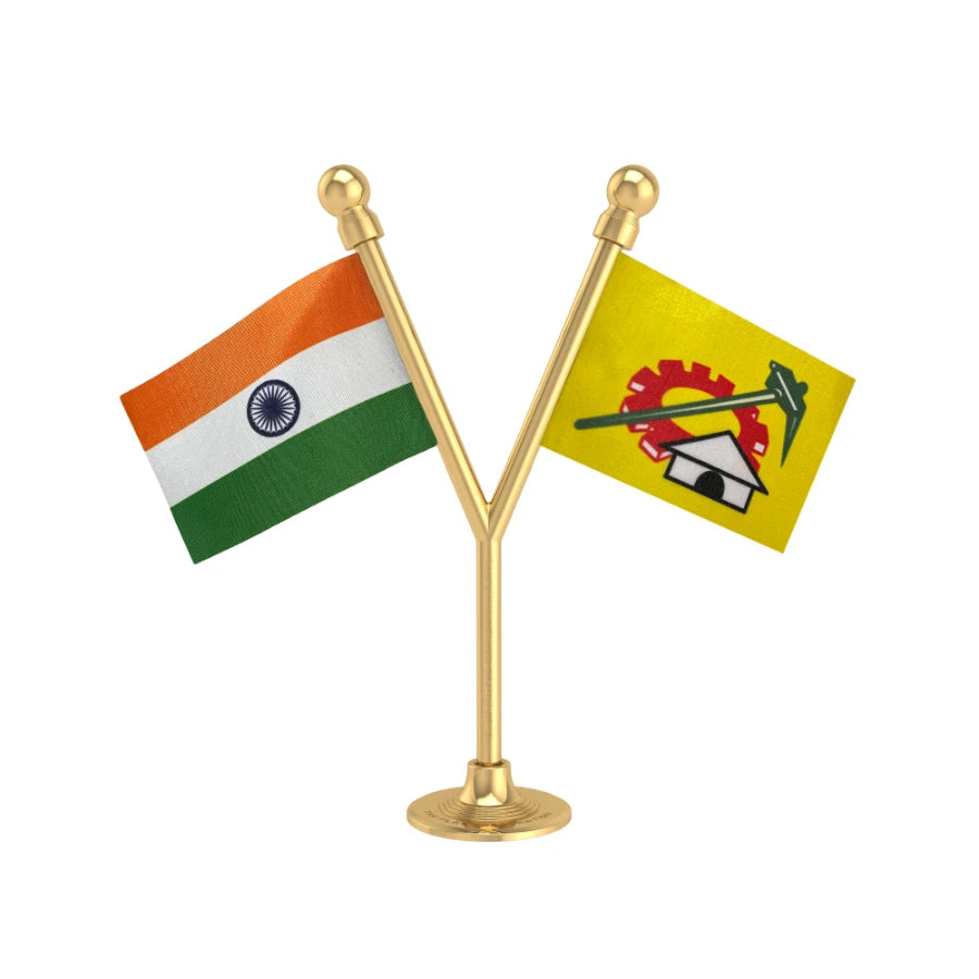 India & TDP Telugu Desam Party Dual Car Dashboard Flag of 2in x 3in With A Plastic Base