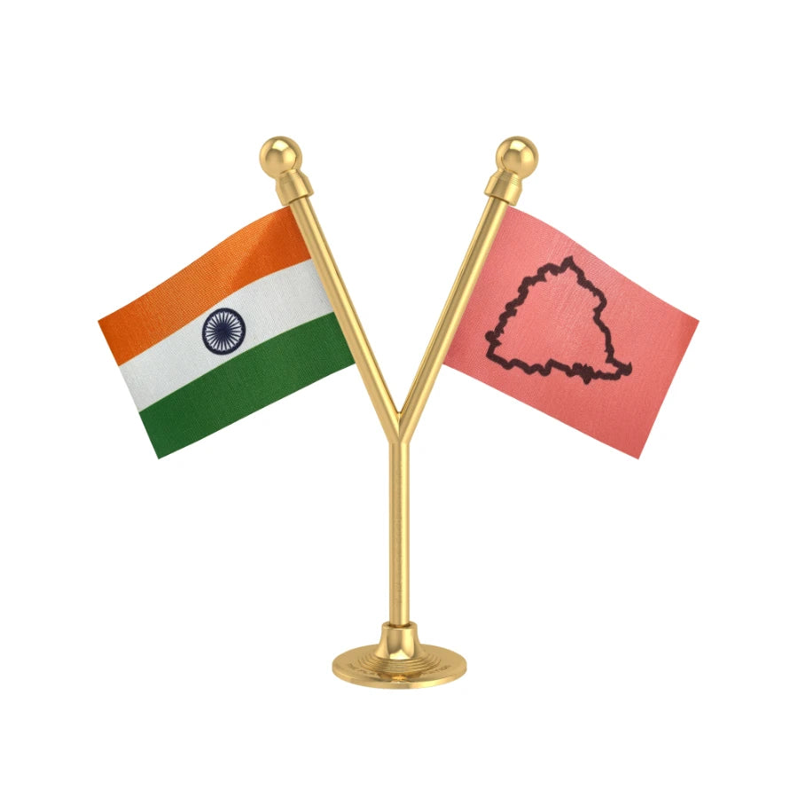 India & TRS Telangana Rashtra Samithi Dual Car Dashboard Flag of 2in x 3in With A Plastic Base