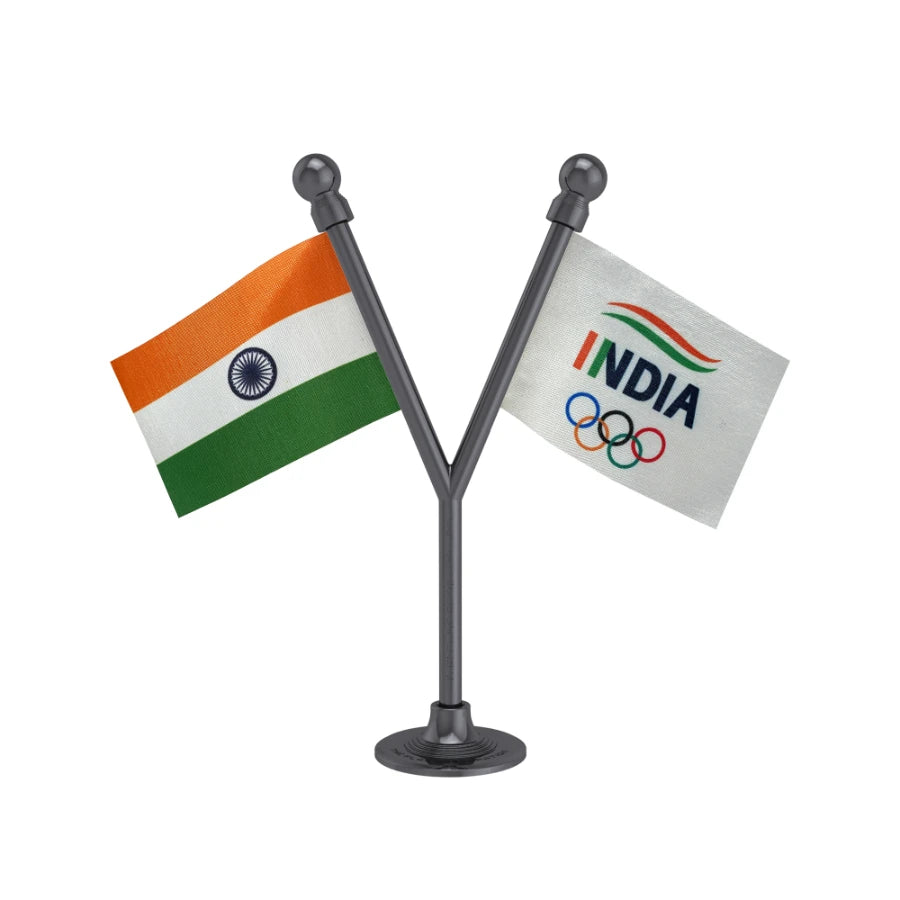 India & Indian Olympic Association Dual Car Dashboard Flag of 2in x 3in With A Plastic Base