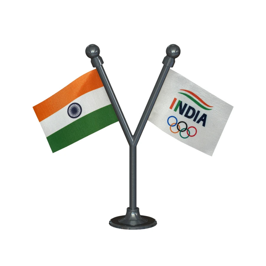 India & Indian Olympic Association Dual Car Dashboard Flag of 2in x 3in With A Plastic Base
