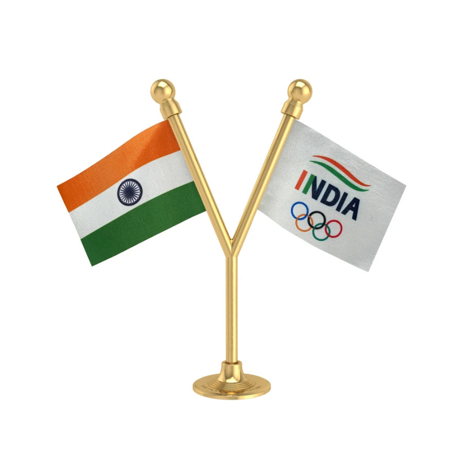 India & Indian Olympic Association Dual Car Dashboard Flag of 2in x 3in With A Plastic Base