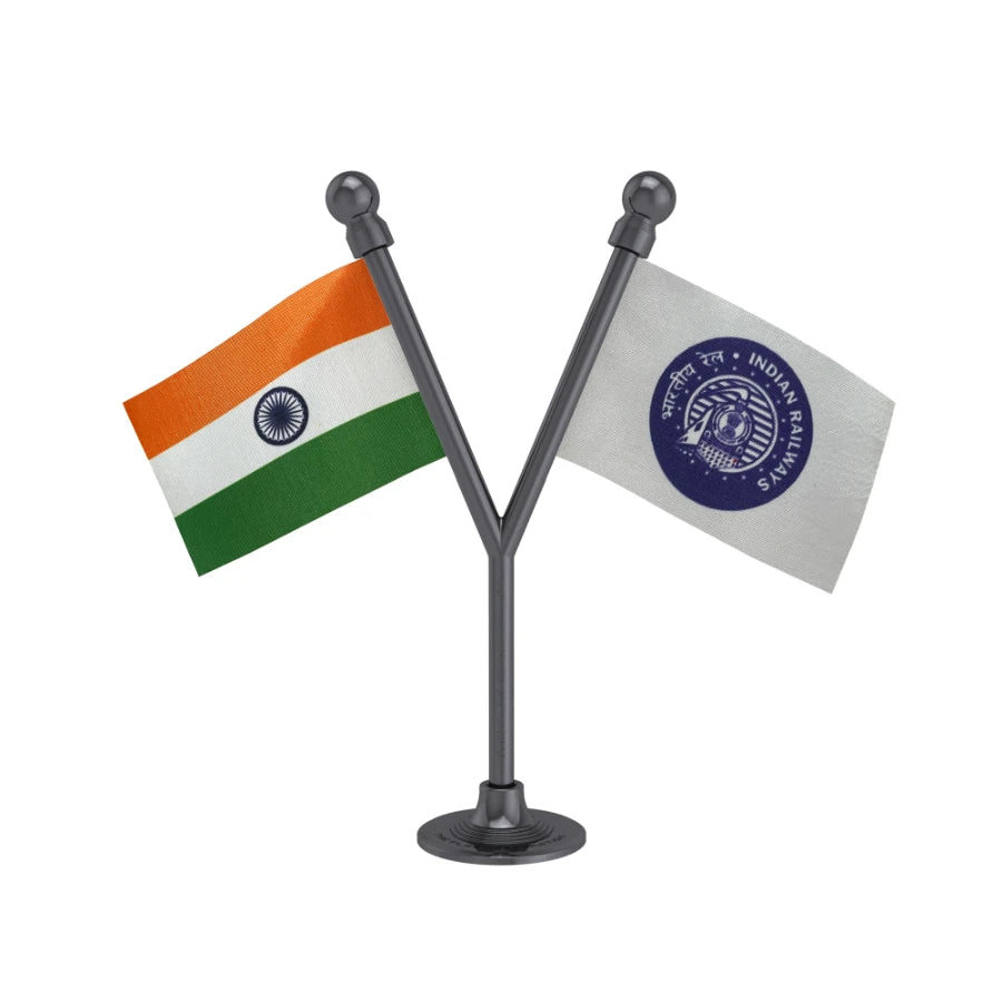 India & Indian Railways Blue Dual Car Dashboard Flag of 2in x 3in With A Plastic Base
