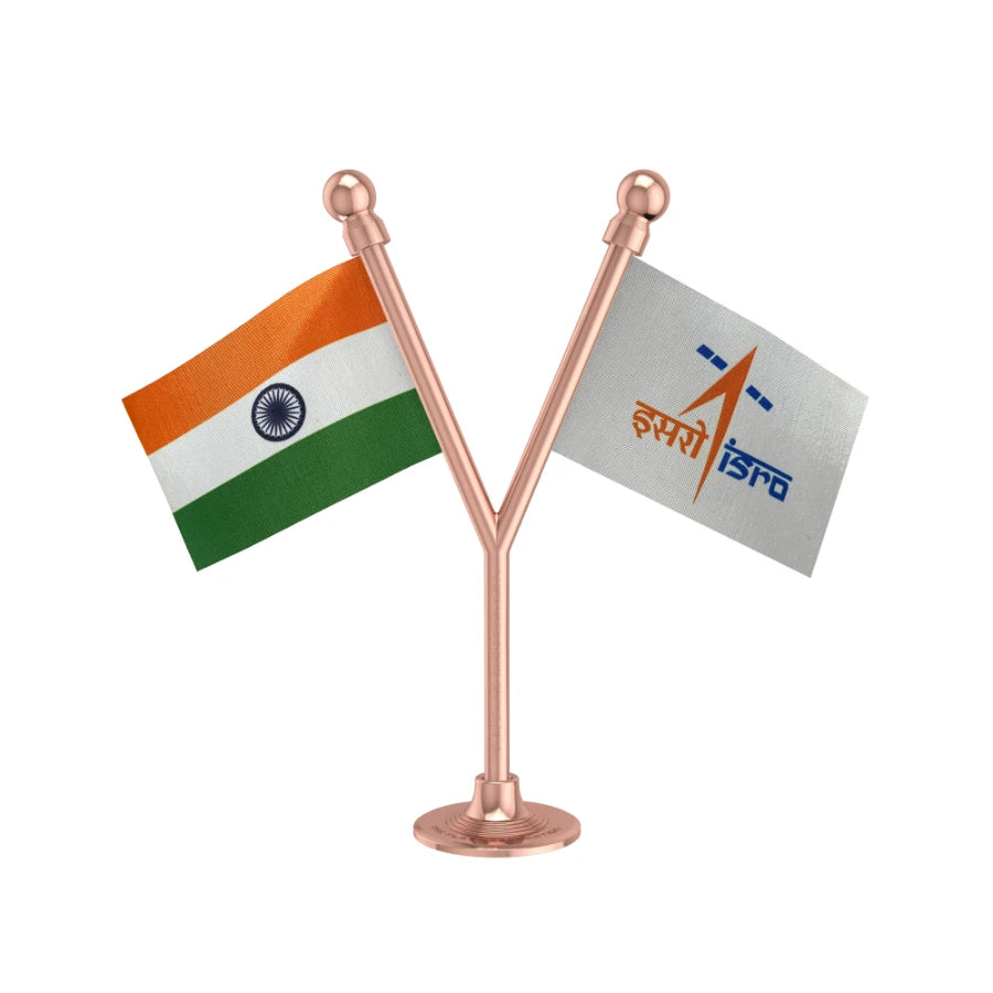 India & ISRO Indian Space Research Organisation Dual Car Dashboard Flag of 2in x 3in With A Plastic Base