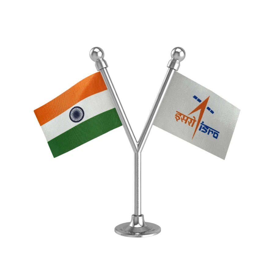 India & ISRO Indian Space Research Organisation Dual Car Dashboard Flag of 2in x 3in With A Plastic Base