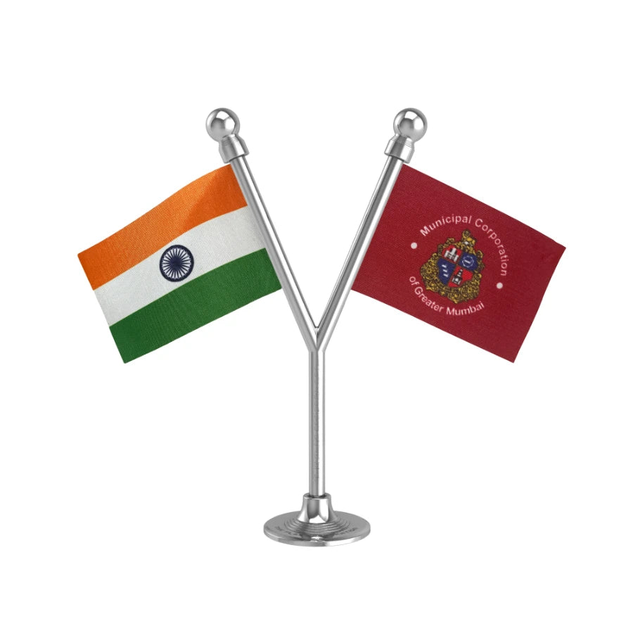 India & MCGM or BMC Dual Car Dashboard Flag of 2in x 3in With A Plastic Base
