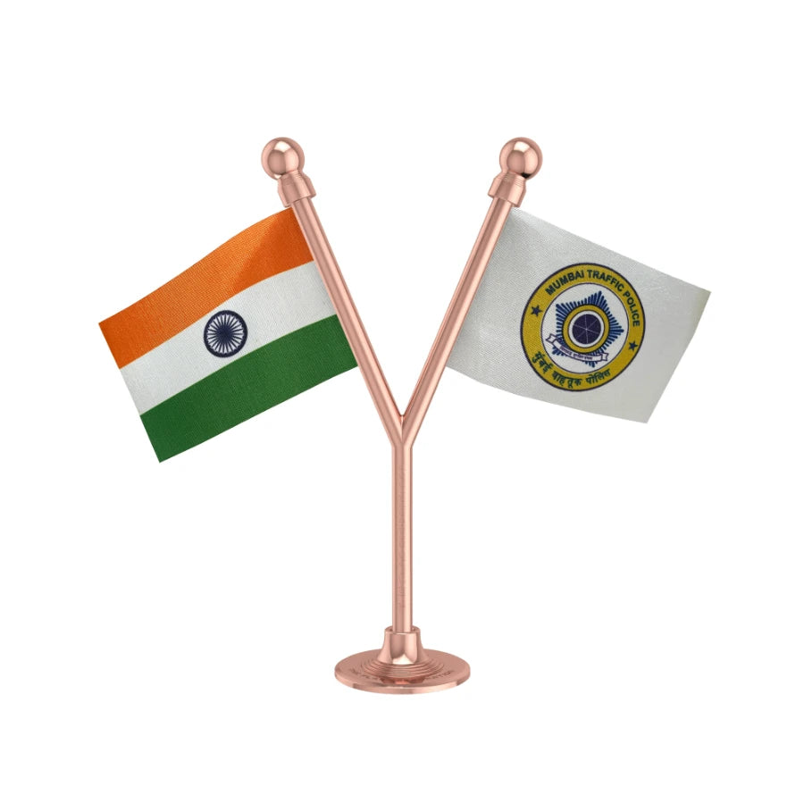 India & Mumbai Traffic Police Car Dual Car Dashboard Flag of 2in x 3in With A Plastic Base