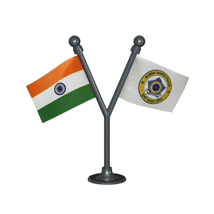 India & Mumbai Traffic Police Car Dual Car Dashboard Flag of 2in x 3in With A Plastic Base