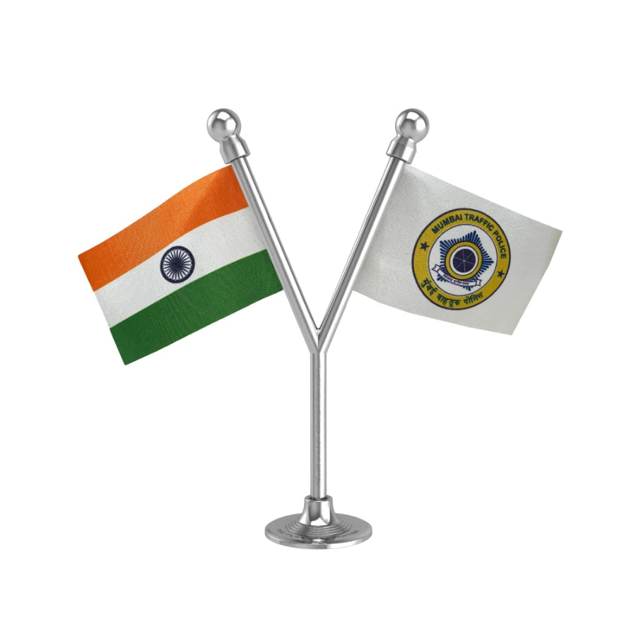 India & Mumbai Traffic Police Car Dual Car Dashboard Flag of 2in x 3in With A Plastic Base