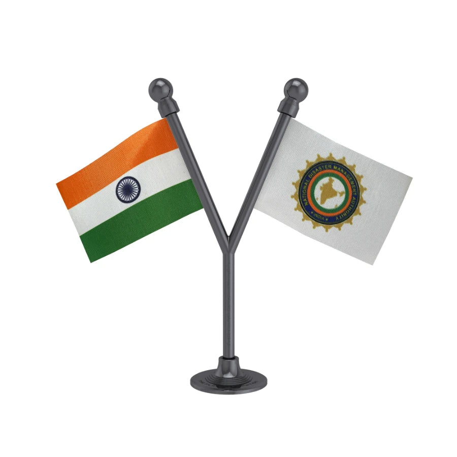 India & NDMA Dual Car Dashboard Flag of 2in x 3in With A Plastic Base