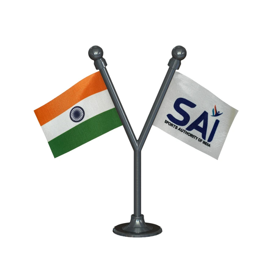 India & SAI Sports Authority Dual Car Dashboard Flag of 2in x 3in With A Plastic Base