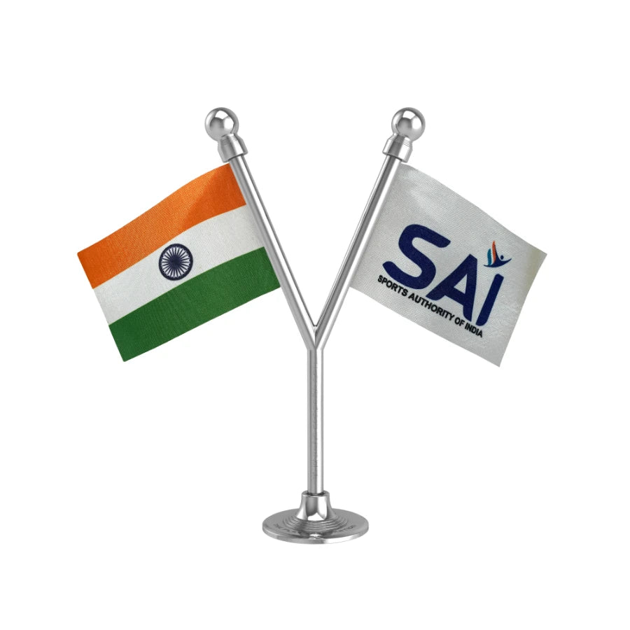 India & SAI Sports Authority Dual Car Dashboard Flag of 2in x 3in With A Plastic Base