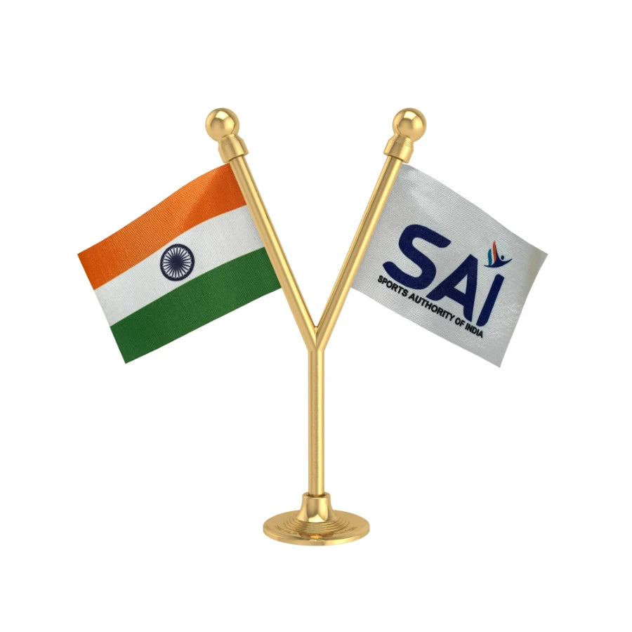 India & SAI Sports Authority Dual Car Dashboard Flag of 2in x 3in With A Plastic Base