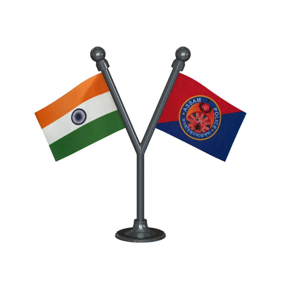 India & Assam Police Car Dashboard Flag of 2in x 3in With A Plastic Base
