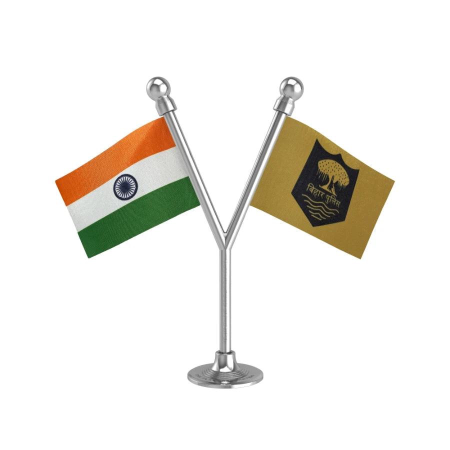 India & Bihar Police Car Dashboard Flag of 2in x 3in With A Plastic Base