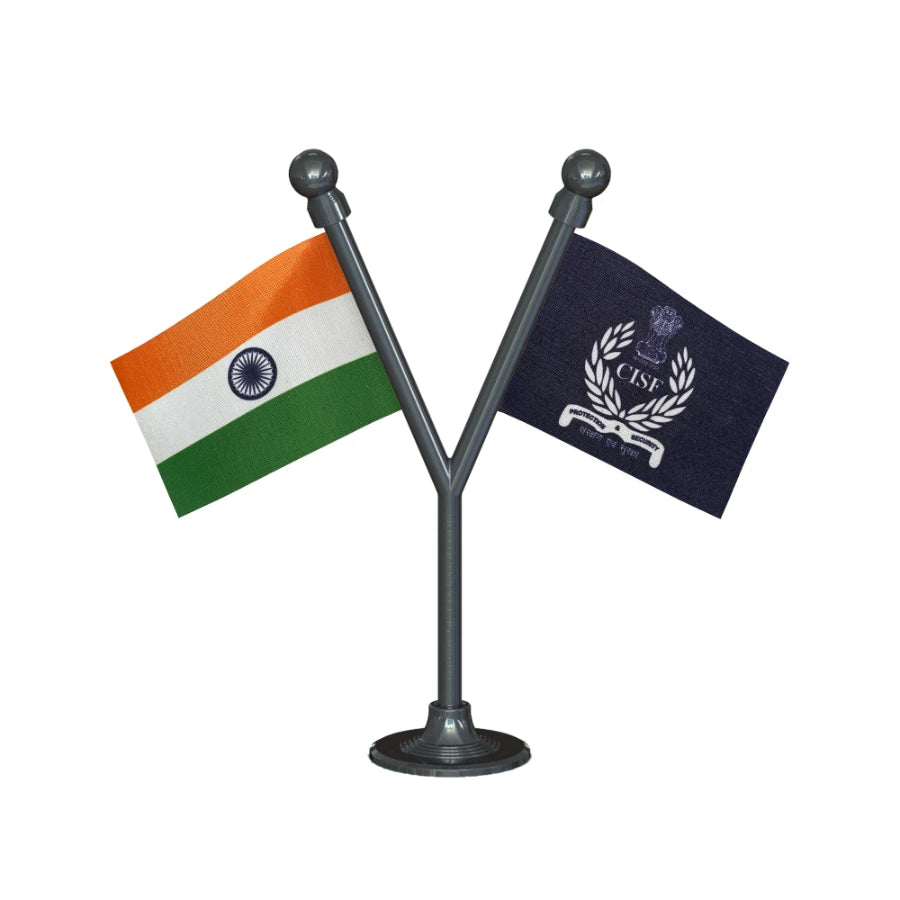 India & Central Industrial Security Force (CISF) Police Car Dashboard Flag of 2in x 3in With A Plastic Base