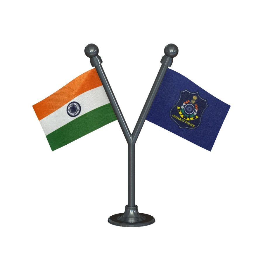 India & Gujarat Police Car Dashboard Flag of 2in x 3in With A Plastic Base
