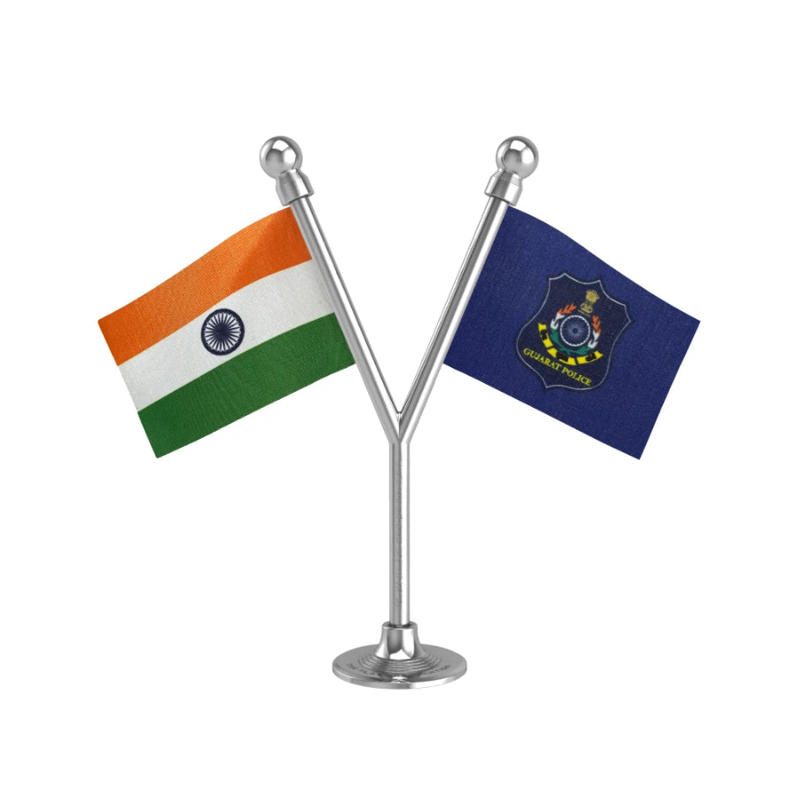 India & Gujarat Police Car Dashboard Flag of 2in x 3in With A Plastic Base
