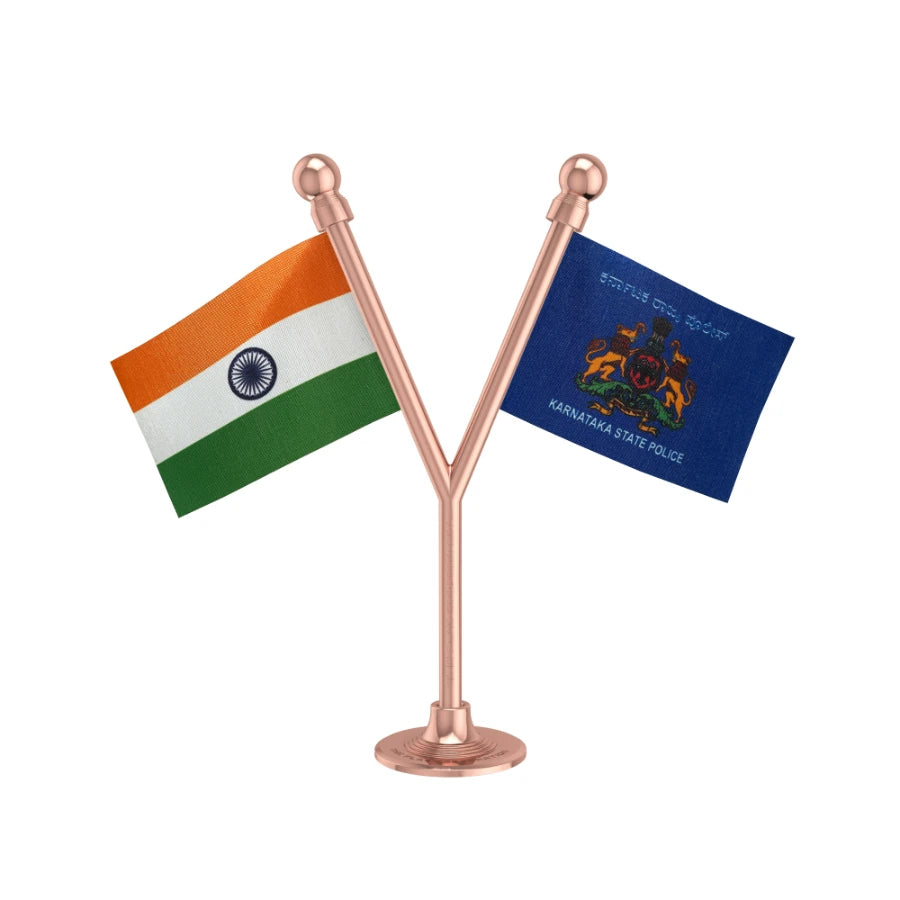India & Karnataka Police Car Dashboard Flag of 2in x 3in With A Plastic Base