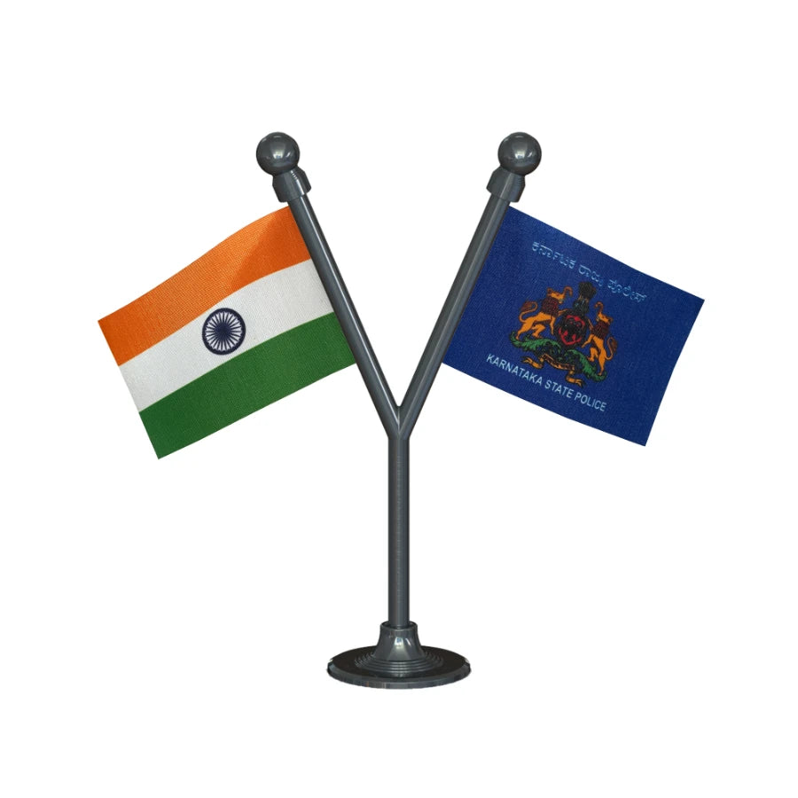 India & Karnataka Police Car Dashboard Flag of 2in x 3in With A Plastic Base