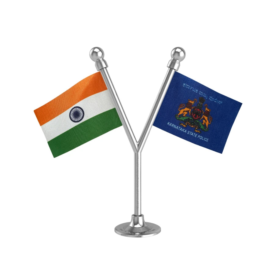 India & Karnataka Police Car Dashboard Flag of 2in x 3in With A Plastic Base