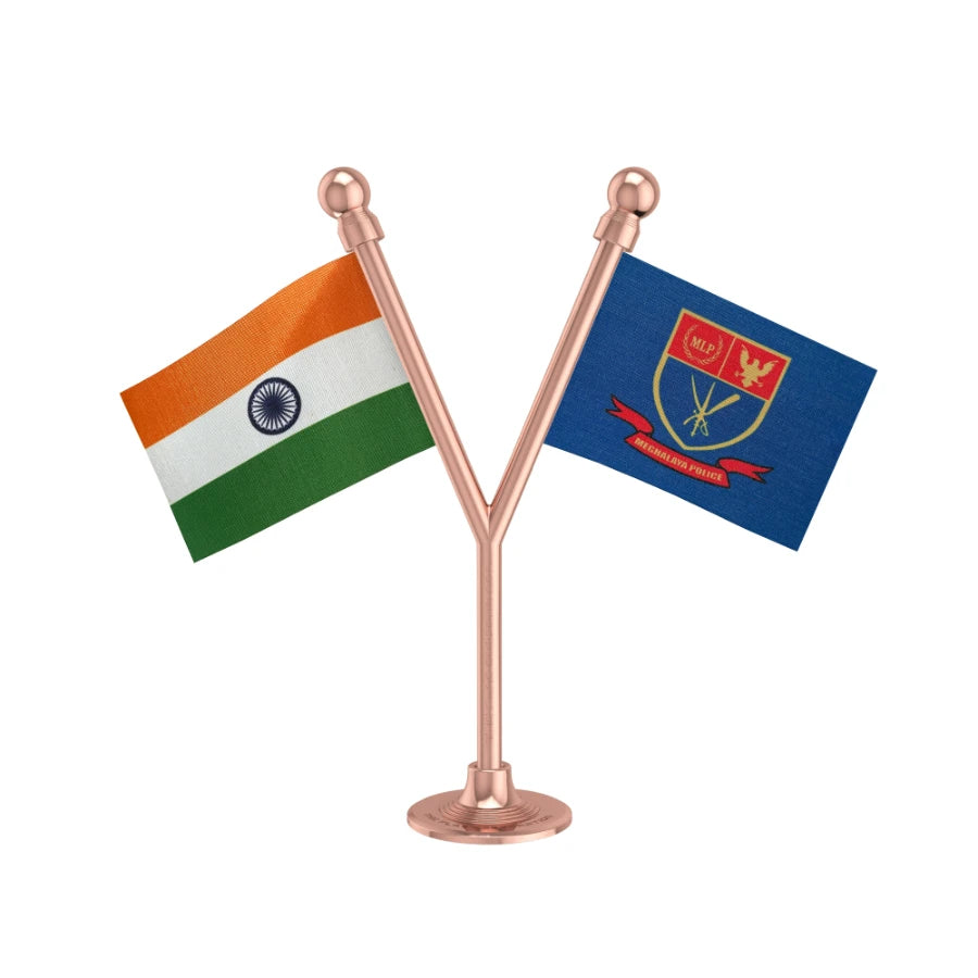 India & Meghalaya Police Car Dashboard Flag of 2in x 3in With A Plastic Base