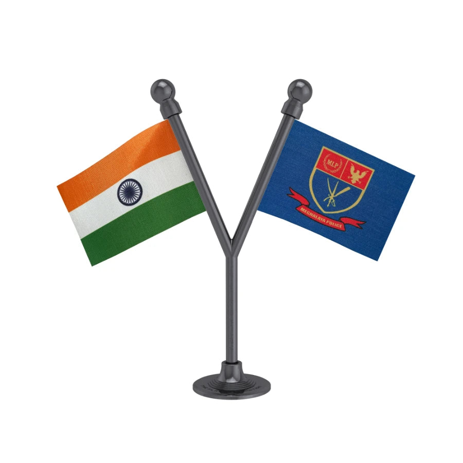 India & Meghalaya Police Car Dashboard Flag of 2in x 3in With A Plastic Base