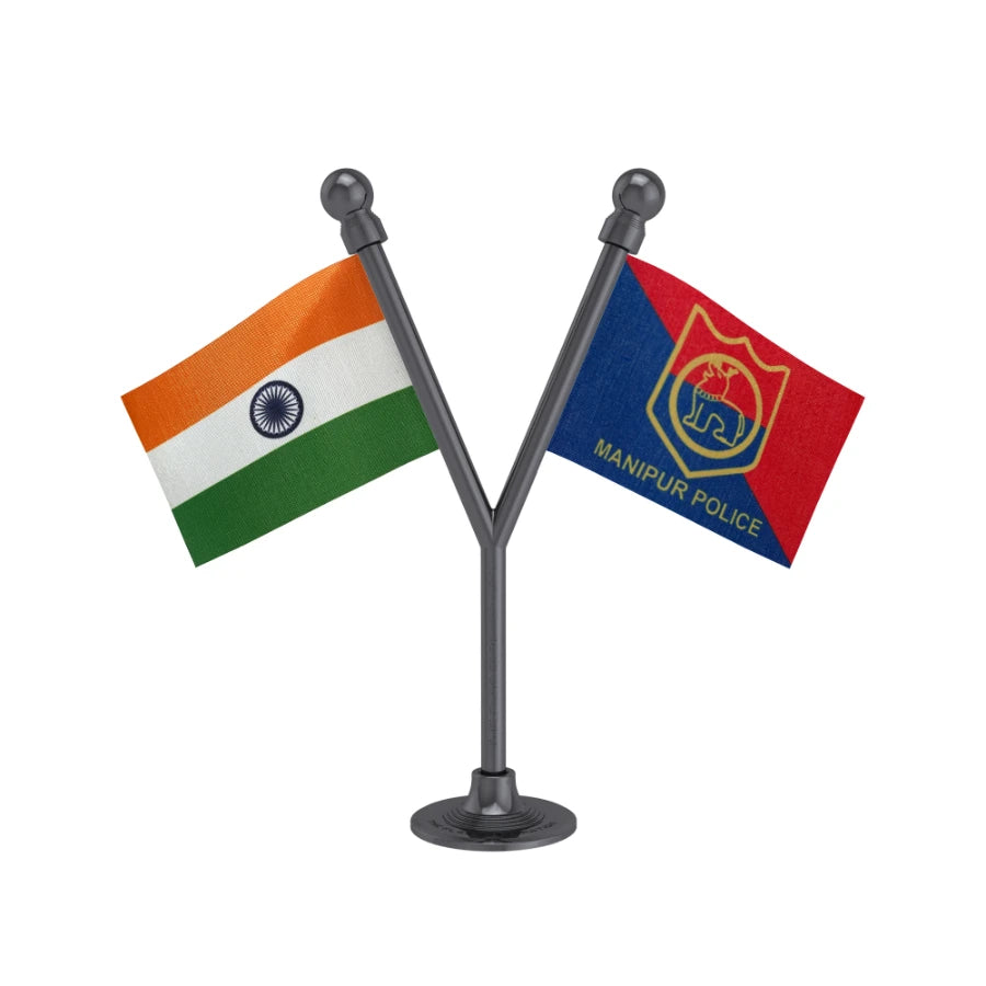 India & Manipur Police Car Dashboard Flag of 2in x 3in With A Plastic Base