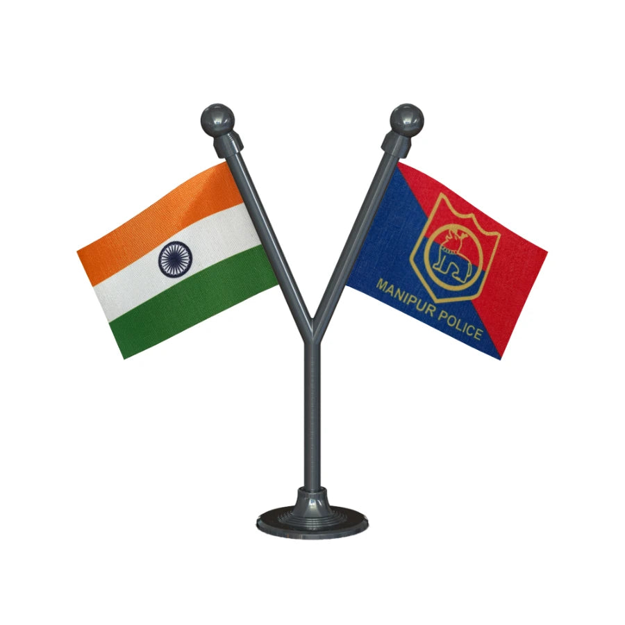 India & Manipur Police Car Dashboard Flag of 2in x 3in With A Plastic Base