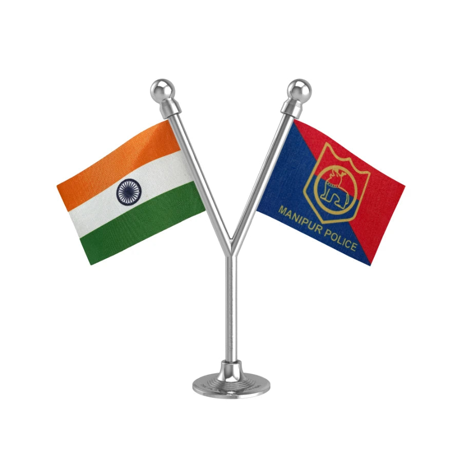 India & Manipur Police Car Dashboard Flag of 2in x 3in With A Plastic Base