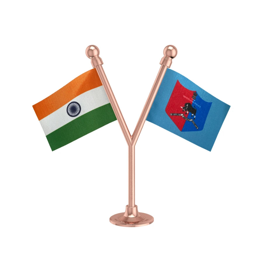 India & Nagaland Police Car Dashboard Flag of 2in x 3in With A Plastic Base